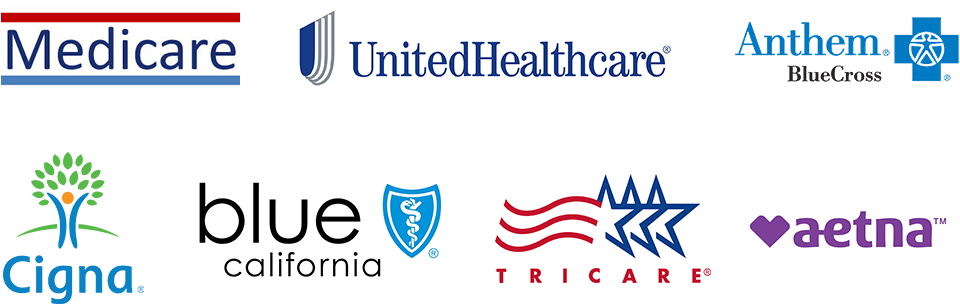 Logos of accepted insurance providers including Aetna, Blue Cross, Cigna, United Healthcare, and more